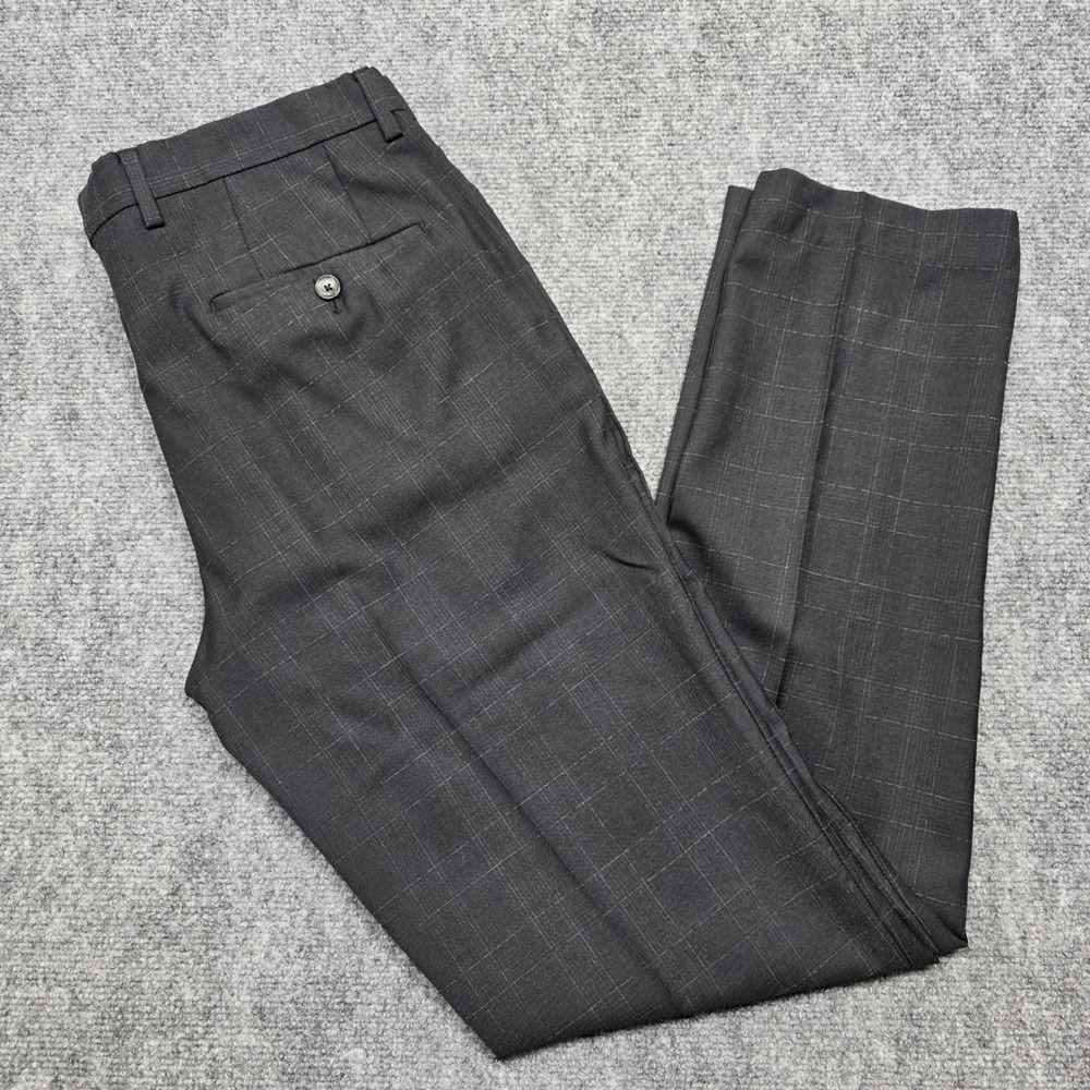 Hugo Boss Mens 36R x 33 Dark Grey Flat Front Virgin Wool Windowpane Dress Pants